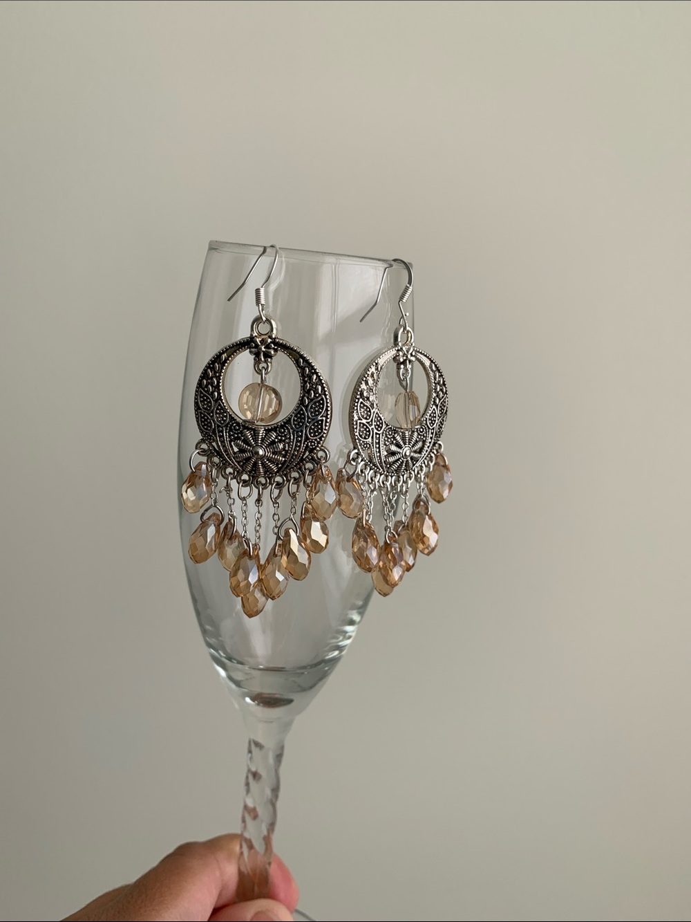 Gorgeous Silver tone Bohemian Chandelier Earrings with Champagne crystal
